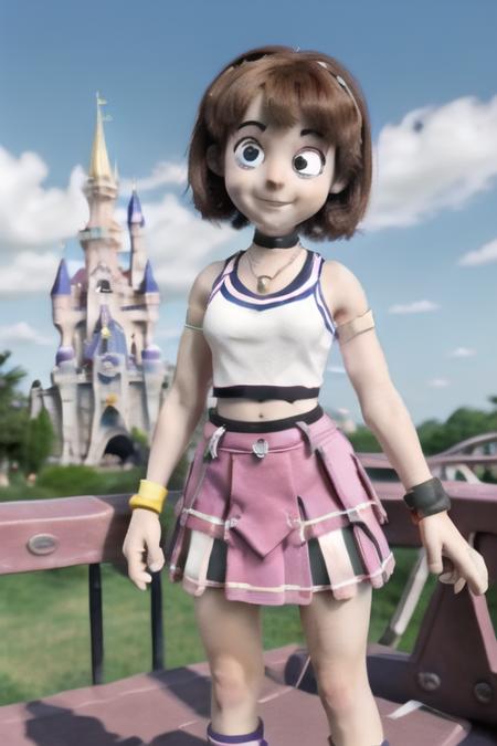 1girl, claymation, , 80's anime style,   <lora:TFM_kairi_LoRA:0.6>, skirt, tanktop, bracelet, at disney castle on a roller coaster on a sunny day