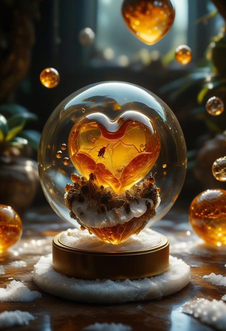 improved cinematic photo, 35mm photograph, film, professional, 4k, highly detailed,
An amber fragment enclosing a snow globe,
The amber fragment is a smooth, slightly irregular sphere, roughly the size of a marble, with a warm golden-brown hue. Its surface is polished, gleaming softly under light, revealing a mesmerizing play of golden, honey, and orange tones. Tiny air bubbles and organic inclusions are scattered throughout, lending it a sense of antiquity and natural complexity.
Inside, a perfectly preserved Human Heart lies suspended in time, its delicate body encased in the translucent amber.
Around the Human Heart, subtle striations and minute organic fragments, possibly plant material or dust, create a vignette that frames the insect. The amber’s clarity varies in places, with some sections slightly cloudy, further accentuating the Human Heart as the focal point. The fragment feels timeless, a tiny time capsule offering a glimpse into a prehistoric world millions of years ago