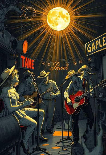 Sunshine beating on the good times
Moonlight raising from the grave
String band playing worn out dive bars
Pretty young thing going dancing in the rain
High heel lady spitting at the nickajacks
Business man with a needle and a spoon
Coyote chewing on a cigarette
Pack o' young boys going howlin' at the moon