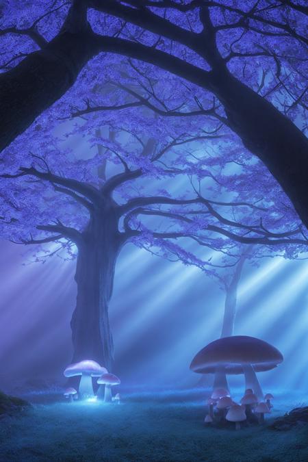 misty enchanted forest, glowing mushrooms scattered on the forest floor, ancient trees with twisting branches, soft blue and purple lighting, gentle fog rays through trees, fantasy magical vibe, high detail forest floor