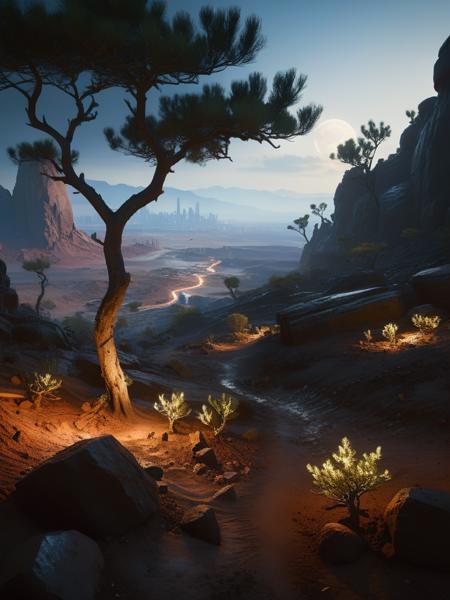 <lora:3DCyberpunkStyle_Hap_XL:1.3>,cyberpunk 2077 style, Landscape of a dark far away planet, rock and organic soil, glowing trees, UHD, masterpiece, trending on artstation, sharp focus, studio photo, intricate details, highly detailed, by greg rutkowski