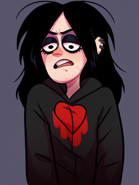 ROBBIEV,BLACK PUPILS,ACNE,GOTH,PIMPLES,HOODIES,BLACK HAIR,LONG HAIR