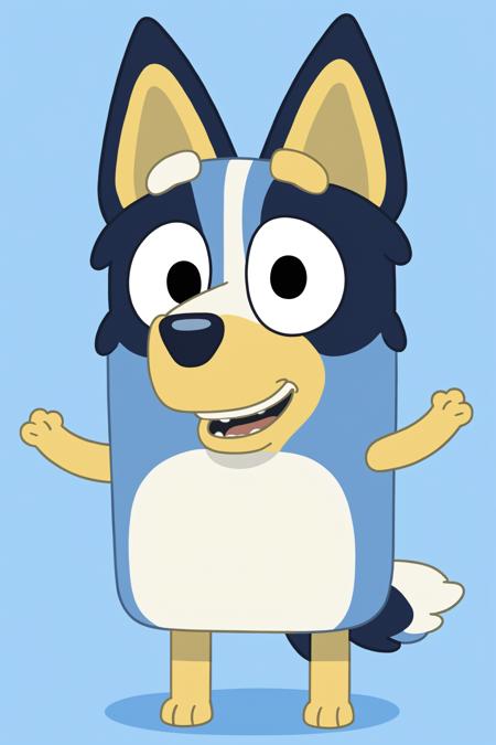 Bluey Style,  Bluey Irwin Chibi,  blue heeler,  blue fur,  solo,  looking at viewer,  smile,  open mouth,  simple background,  1boy,  animal ears,  standing,  tail,  full body,  male focus,  black eyes,  arms up,  blue background,  happy,  outstretched arms,  furry,  furry male,  body fur,  animal nose,  two-tone fur,  blue fur, <lora:EMS-20826-EMS:1.000000>