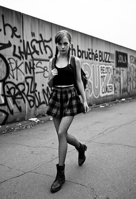 A high-contrast black and white photograph in the gritty, moody style of Anton Corbijn, shot on grainy 35mm Tri-X film. The setting is 1980s West Berlin, along the western side of the Berlin Wall. The wall is covered in chaotic, colorful German graffiti—rendered in monochrome tones—but directly behind the subject, a large, bold words “ich brauche BUZZ!!!” stands out from the rest of the markings.
In the foreground, Polly is walking along the base of the wall. She is a very slender young woman with long red hair in braids, pale freckled skin, and striking light eyes. She wears a very short black-and-grey plaid pleated skirt, a very tight black tank top, ripped fishnet stockings, and a pair of worn-in boots. A weathered leather backpack is slung casually over one shoulder.
The photo is taken from the side, capturing her stride, but her head is turned slightly toward the camera, locking eyes with the viewer. The background is stark and gritty—cracked pavement, faint fog in the air, and the towering graffiti-covered wall—but Polly is illuminated with a soft, directional light that separates her from the background. The overall mood is raw, moody, and evocative of Berlin’s underground culture in the late Cold War era. Film grain, deep shadows, and high contrast emphasize the documentary-style authenticity.