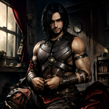 ThePrinceWW black hair, long hair, beard, 1boy armor, bandages sword, swords, dual wielding