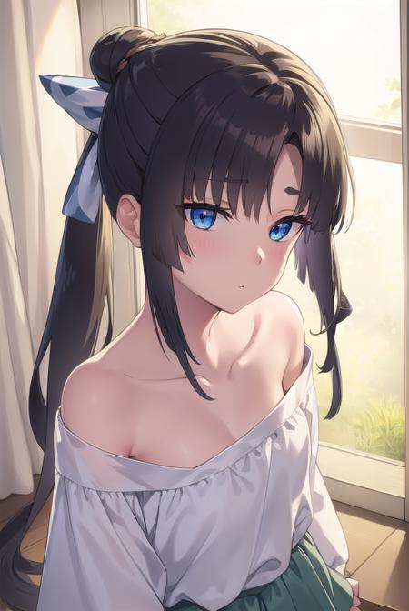 ushiwakamaru, <lora:ushiwakamarupinta-lora-nochekaiser:1>,
ushiwakamaru pinta, long hair, bangs, blue eyes, black hair, very long hair, sidelocks, hair bun, side ponytail, parted bangs,
BREAK shirt, collarbone, shorts, green shirt,
BREAK indoors, bed,
BREAK looking at viewer, (cowboy shot:1.5),
BREAK <lyco:GoodHands-beta2:1>, (masterpiece:1.2), best quality, high resolution, unity 8k wallpaper, (illustration:0.8), (beautiful detailed eyes:1.6), extremely detailed face, perfect lighting, extremely detailed CG, (perfect hands, perfect anatomy),