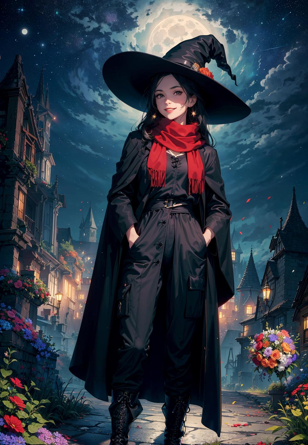 A cartoon woman dressed as a witch, wearing a black coat, red scarf, and a black hat with a bird on it. She is standing outside in front of a building and posing for the camera.