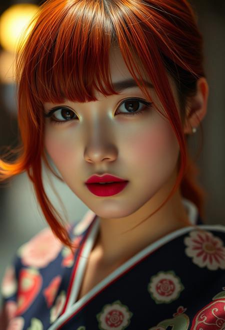 extreme close up shot,  19yo Japanese woman ,lipstick,bright red  hair waist-length hair , bangs covering the left side of her face with a wavy mid-back length hair strand resting on her left shoulder and her eyes are brown, kimono . shallow depth of field, vignette, highly detailed, high budget, bokeh, cinemascope, moody, epic, gorgeous, film grain, grainy
