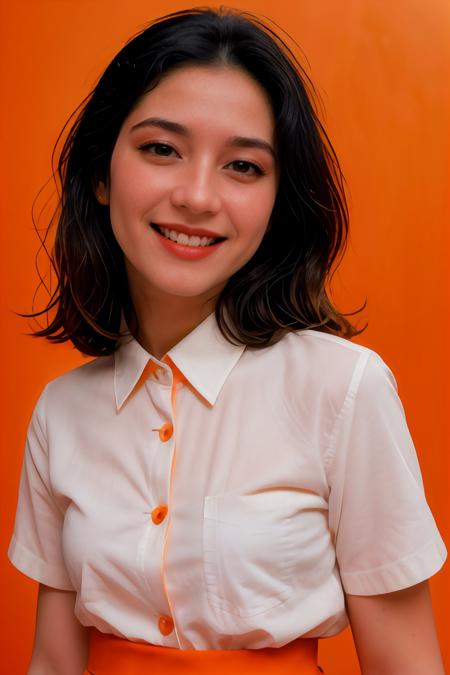 analog film photo solo, gstyle, realistic, ((woman)), (((black hair))), (((happy512))), (((Green A-line skirt, button-down shirt, and pumps.))), ((Simple Light Orange background:1.5)), ((dynamic pose)), high detailed, 8k, clear facial features, <lora:PAseer-SD15-LCM Quick:1> <lora:ReaLora:.2> skin <lora:GStyle_-_Photography_Style:.4> <lora:IDI_-_Jessica_Veranda:1> jesvera . faded film, desaturated, 35mm photo, grainy, vignette, vintage, Kodachrome, Lomography, stained, highly detailed, found footage
