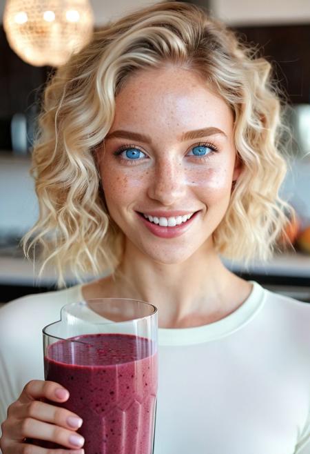 drinking smoothie, red smoothie, beet smoothie, strawberry smoothie, healthy smoothie, smoothie in glass, perfect fruits, perfect glass, perfect fingers, Drinking smoothie, wide-angle view, ((full-figure visible:2.0)), entire body in frame, kitchen overview, ((spacious composition:1.5)), head to toe in shot, standing in kitchen, kitchen advertisement, full body, lips touching glass, glass in front of mouth, (open mouth:1.2), DRINKING, (SMOOTHIE:2.0),  gym clothing, sports clothes, white top, white sporttop, athletic clothing, happy, smiling, laughing, beautiful girl, short light blonde wavy hair, above shoulder length blond curly hair, bob cut, blue eyes, blue eyes:1.1, perfect eyes, extremely detailed eyes, extremely detailed face, textured skin, photorealistic, hyperdetailed:1.2, insane details, natural look, cute face, stunningly beautiful, pale skin, freckles, blush, detailed skin, extremely detailed, 1girl, shoulders, arms, breasts, hips, hands, perfect hands, perfect feet, perfect eyes, perfect nails, upper legs, legs, happy, open mouth, perfect teeth, in the kitchen, marble kitchen block, modern kitchen, 4K, RAW, best quality, masterpiece, ultra-detailed, hyperrealism:1.2, RAW photo, best quality, realistic, photo-realistic:1.3, best quality, masterpiece, extremely delicate and beautiful, extremely detailed natural lighting, bokeh:1.2, Porta 160 color, shot on ARRI ALEXA 65, Fujifilm XT-3, WARMER LIGHTING, sunny kitchen, warm sunlight, sun rays, inviting atmosphere