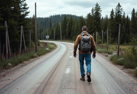 Dayz survivor walking down a road with Namalsk. No text