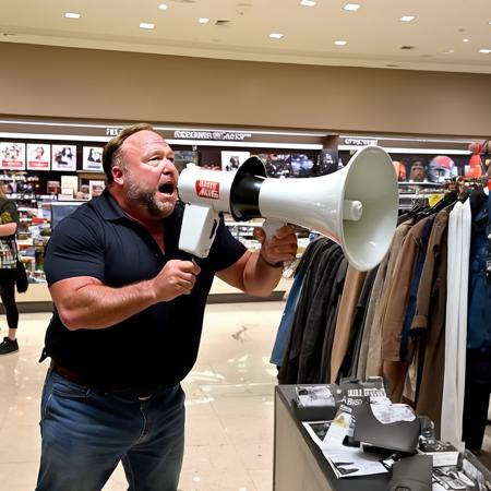 alexjones person yelling at a mannequin in the mall using an electronic bullhorn. Extremely angry. <lora:Alex Jones SDXL - Trigger is Alexjones Person:1>