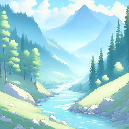 anime rendition of Peaceful river valley, serene scenery, epic landscape (RiverValley style:1) <lora:djzRiverValley:0.8)