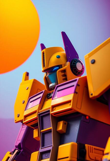Yellow and purple transformer robot cowboy shot photograph with an orange and blue synthwave sun background. Slightly turned.