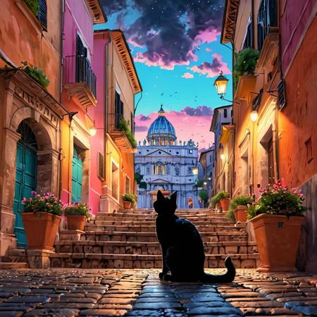 Masterpiece, Concept Art, A busy Alley in Rome Italy, tourists shopping, magical evening sky, black 1cat sits of steps observing, vibrant, aesthetic , extreme details, 8k resolution detailed, trending on artstation, pastel colours <lora:MJ52:0.5>
