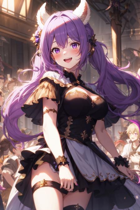 blonde hair, blush, breasts, dress, hair cones, hair ears, long hair, looking at viewer, medium breasts, multiple girls, multiple boys, crowd, open mouth, purple eyes, purple hair, smile, satyr \(granblue fantasy\), twintails