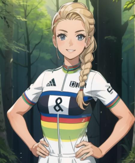 <lora:pauline_ferrand_prevot:1>,pauline_ferrand_prevot, standing, smile, world champion jersey, hands on hips, braid hair, single braid, forest, mountains, upper body