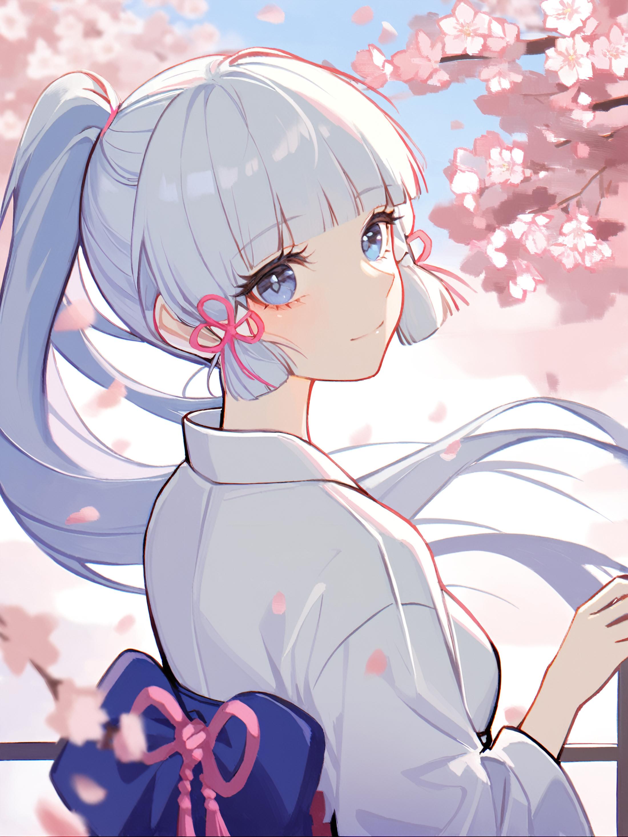 1girl, 
kamisato ayaka,  
solo, white shirt, sakura, cherry blossoms, front view, blue eyes, japanese clothes, upper body,...