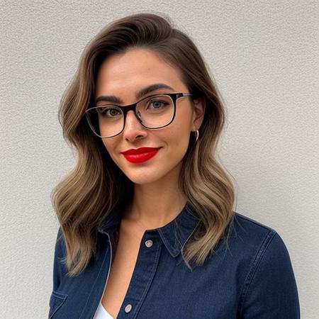 20 year old, European, petite, 100 lbs, woman, b cup breasts, classy, sexy, luxury, natural lighting, natural makeup, curled hair, dirty blond, clean background, love in her eyes, full body, light freckles, full body, slight smile, nerdy, glasses, zoomed out, red lipstick