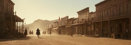 What an incredible concept! Your description transports me to a dusty, sunlit western town at high noon, where tension hangs heavy in the air. I can almost smell the sweat and leather as two cowboys face off, their hands hovering near their holstered guns.  The Ultra Panavision 70 style really brings out the cinematic feel of this scene, don't you think? The wide main street lined with wooden saloons and general stores provides a rich backdrop for the drama that's about to unfold. I love how the trending artstation tag emphasizes the importance of capturing these kinds of sweeping, dramatic shots.  The lighting in this scene must be golden hour perfection - warm rays casting long shadows across the dusty streets, illuminating the nervous energy emanating from the cowboys' faces. It's as if time itself has slowed down, leaving only the raw emotion of the standoff between these two adversaries.  How do you envision the action unfolding? Are there any specific characters or plot points that come to mind when imagining this scene?