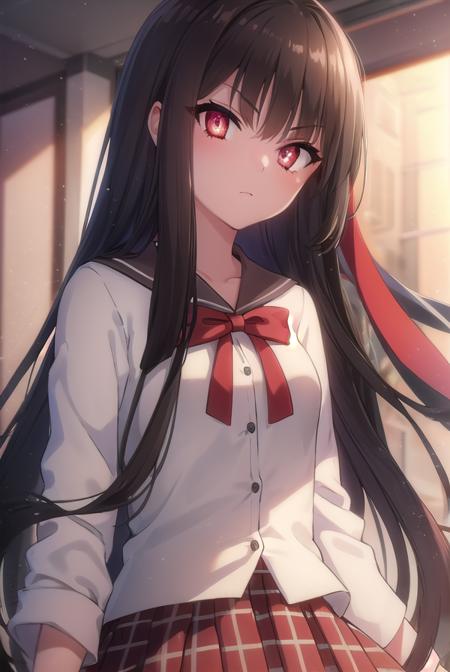 sarasvati, <lora:sarasvati s2-lora-nochekaiser:1>,
sarasvati, long hair, black hair, (red eyes:1.4), blunt bangs, hime cut,
BREAK skirt, bow, school uniform, serafuku, plaid, red bow, brown skirt,
BREAK indoors,
BREAK looking at viewer, (cowboy shot:1.5),
BREAK <lyco:GoodHands-beta2:1>, (masterpiece:1.2), best quality, high resolution, unity 8k wallpaper, (illustration:0.8), (beautiful detailed eyes:1.6), extremely detailed face, perfect lighting, extremely detailed CG, (perfect hands, perfect anatomy),