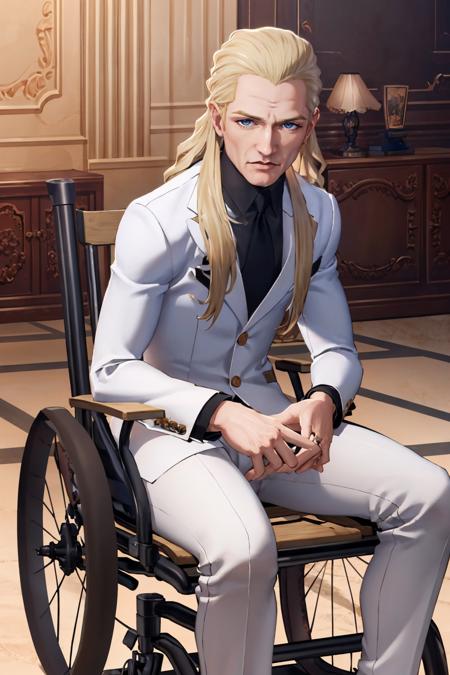 louisoldsmt, white suit, blonde hair, old man, wrinkles, wheelchair