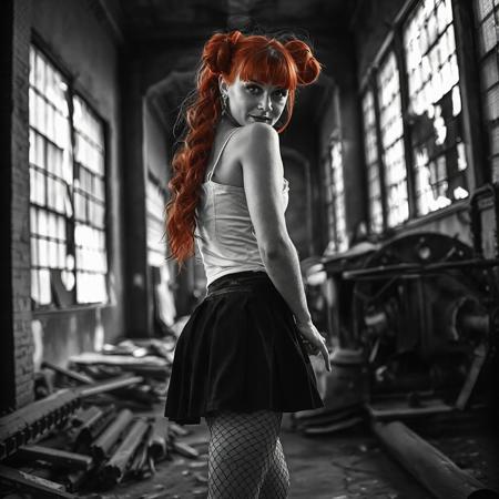 Zilcova1,
(Anton Corbin photography style), (gritty, high contrast, slow shutter speed, grainy), (film grain:1.5), (black and white, greyscale, B&W), film border, vignette, 
1woman, (thighs up photo, solo:1.15, (masterpiece), 1 woman, solo:1.15, 21 years old:1.1, tall, skinny, (flat chested), skinny hips, skinny legs, dynamic posing:1.35, humans on hip, hips tilted, bangs, ponytail, long hair, red hair, blue eyes, seductive eyes, pink eyeshadow, pink lower eyeshadow, full pouty lips, lips parted, seductive smile, blush, dynamic angle:1.3 tight White tank top:1.5, no bra,  covered nipples, standing, bangs:1.2, long wavy hair pulled back into twin buns:1.5, detailed light  eyes, she is wearing a tight tank-top, short pleated black skirt, fishnets, 
She is in an abandoned factory, urban decay, gritty, rusty old machinery, large windows, broken dirty windows, floor littered with old tools,  light rays shining through broken windows,  rim lighting,