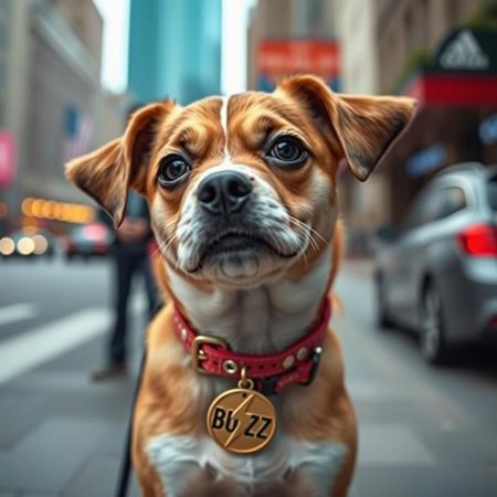 cute dog on street with BUZZ written on collar and lightning bolt symbol on a gold medallion attached to its collar, looking at viewer, city background