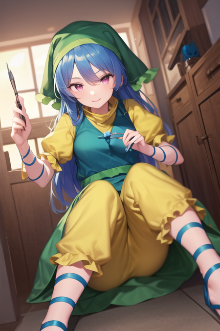 Keiki Haniyasushin purple eyes light blue hair long hair green headkerchief yellow dress green apron with tools in it magatama necklace blue ropes around arms and legs sandals