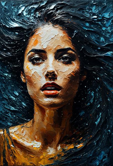Stunning moody acrylic painting of an emotionally charged female portrait, tense, anguished, textured impasto, minimalism, thick and heavy strokes, gritty, sublime, aged, exotic, emotional, magical, elegant, gorgeous, majestic, mysterious, strongly lit, swirling, beautiful, shimmering, textured, mixed media, collage, edgy, realistic, moody, odd, strange, mysterious, eye catching, super cool, gossamer, ethereal, fantasy, award winning, thought provoking, hyper detailed face and eyes, highly detailed, beautifully lit, scattered light, sunbeams,