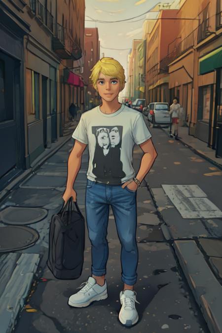 <lora:Ken_Doll:1> a toy man with blonde hair, tshirt, jeans, sneakers, city sidewalk, sunny day, <lora:pytorch_lora_weights:1>