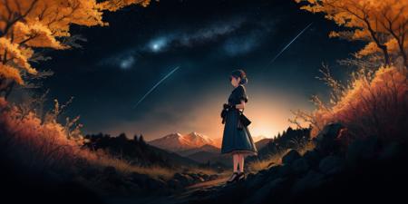 1 girl,full body camera,standing posture,white lace gloves,Bangs,peacock dark blue dress,outdoor background,night background,dark blue sky background,stars,meteors,large depth of field,