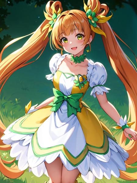 cure rosetta curly hair, long twintails, clover hair ornament, wrist cuffs, yellow dress, white boots, green ribbon