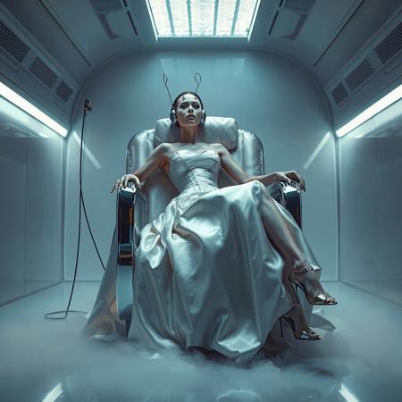A slender, arrogant  rich norvegian bride, reclined in a polished steel chair, dressed in a luxurious, rich fantasy satin wedding gown with a fitted, boned corset accentuating her ultra-thin waist.and a full, flared skirt, paired with satin high heels, orgasm face. The massive electrodes holding her head pressed to the chair headrest,  cabled to a  futuristic superconputer rack. Her hands and ankles are bound to the  chair   by massive steel restraints,   weird fog from the floor. The scene is set in a sterile, empty chamber, with a glossy mother-of-pearl finish, evoking a sense of futuristic dread. Inspired by the cinematic styles of Ridley Scott, Guillermo del Toro, and H.R. Giger, with a blend of sci-fi and horror elements, this full-body portrait is a masterpiece of cinematic storytelling, shot on a virtual v-raptor XL camera, with a warm, film-grained aesthetic, subtle vignette, and rich color grading, reminiscent of 35mm film, with dramatic, atmospheric lighting, inviting the viewer to immerse themselves in this epic, stunning scene.