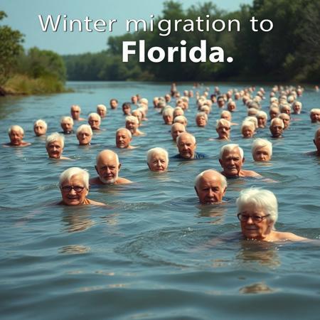 large group of old retired pensioners swimming in a river, nature documentary photograph about the winter to summer migration of old people, with text title that reads "Winter migration to Florida"