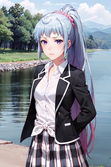 masterpiece, best quality, cowboy shot, looking at viewer, expressionless, saki kawasaki, very long hair, ponytail, hair scrunchie, school uniform, black jacket, open jacket, collared shirt, tied shirt, plaid skirt, kneehighs, outdoors, river, skyline, <lora:saki_kawasaki_v2:1>