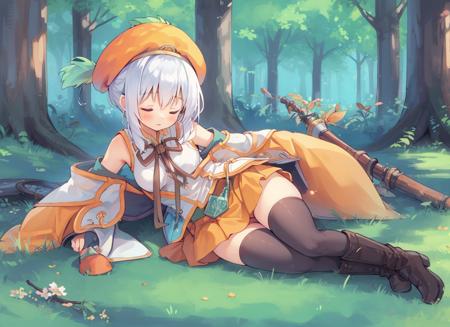 1girl,boots,thighhighs,orange skirt,hat, <lora:lucia:1>,sleeping,forest