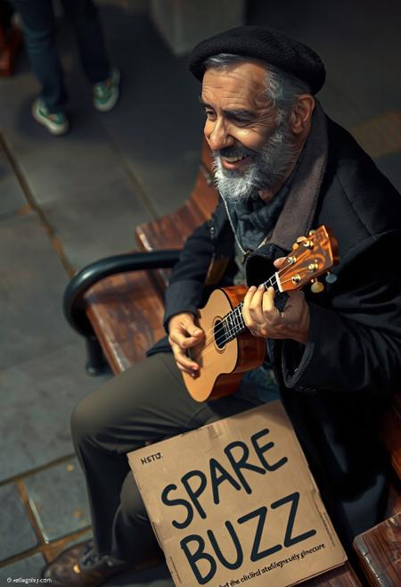 Realism, Real life, Realistic, high quality, great anatomy, accurate, 1man, black berret, black coat, short beard, playing ukulele, smiling, sitting, bench,
Cardboard, text,
"SPARE BUZZ", detailed text,
Side view, dynamic angle, from above, city street