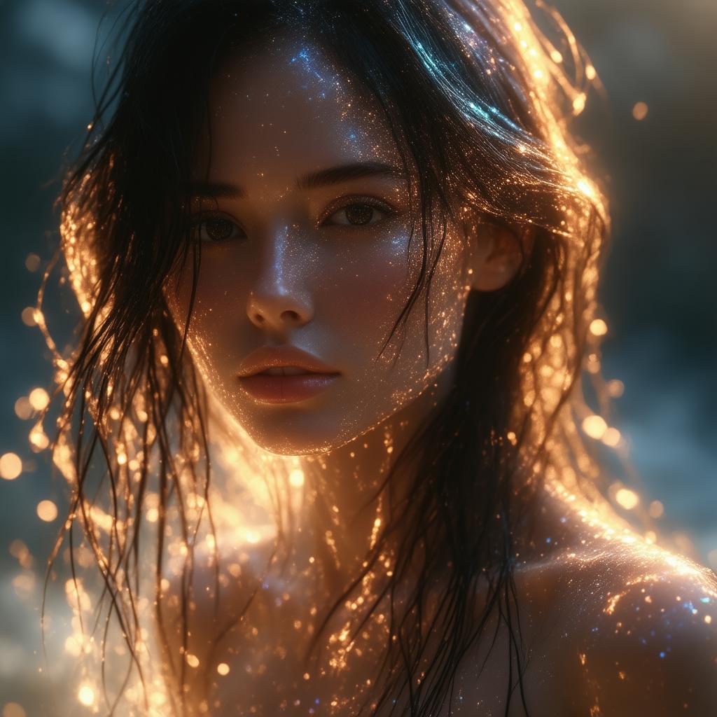 A photorealistic 4K image of a woman with transparent, crystal-like skin, glowing from within with a soft golden light, her hair flowing like liquid metal, surrounded by an aura of shimmering particles. , RAW photo, subject, 8k uhd, dslr, soft lighting, high quality, film grain, Fujifilm XT3, 4K, photorealistic, High dynamic range, vivid, rich details, clear shadows and highlights, realistic, intense, enhanced contrast, highly detailed, long shot scenic professional photograph of , perfect viewpoint, highly detailed, wide-angle lens, hyper realistic, with dramatic sky, polarizing filter, natural lighting, vivid colors, everything in sharp focus, HDR, UHD, 64K