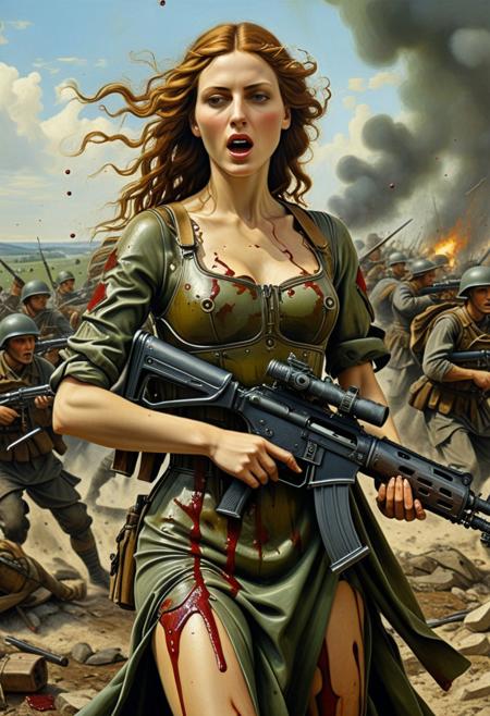 (plain fresco painting, style by Sandro Botticelli but extremely beautiful:1.4), Cyberpunk organical style, elegant, opulent, detailed, female goddess of industrial war (extremely athletic slender body, high olive modern battle dress, blood tears flows over her body, screaming), bearing a firing machine gun, scene on a messy and world war one battlefield, 8k HD, detailed skin texture, ultra realistic, textured skin,(maximum ultra high definition image quality and rendering:3), maximum image detail, maximum realistic render, (((ultra realist style))), realist side lighting, (full body view), expressive dynamic posing, 8K high definition, realist soft lighting, (amazing special effect:3.5).