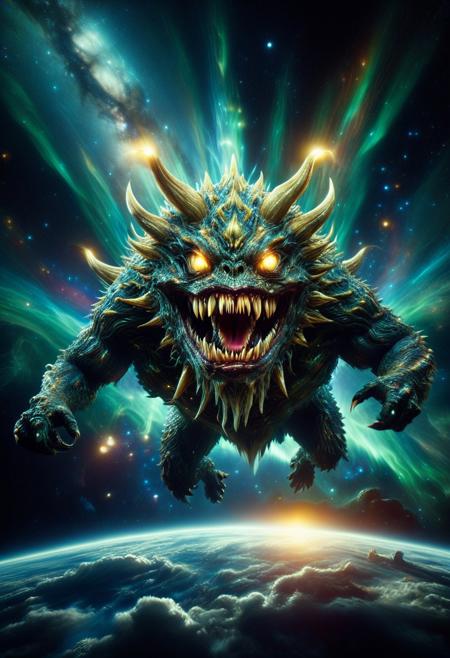 masterpiece,ultra-high resolution,incredible composition,extremely detailed, 
Aurora monster with googly eyes, sharp teeth, rage extraterrestrial inside it, in space. made of beaten enchantment made of gold glow,