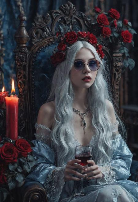 white super very long straight hair, pale adult vampire princess, pointy ears, red-tinted round glasses. Sitting on a vampire throne, drinking wine. elegance, gothic, fantasy, the room is dark, gloomy, cold, blue tinted, candles, roses
Wide range of colors., Dramatic,Dynamic,Cinematic,Sharp details
Insane quality. Insane resolution. Insane details. Masterpiece. 32k resolution.
<lora:add-detail-xl:0.95> <lora:dvr-lnds-sdxl:0.3> dvr-lnds-sdxl <lora:MJ52:0.25> <lora:ral-apoctvisn-sdxl:0.3> ral-apoctvisn <lora:zavy-cntrst-sdxl:0.35> dark, chiaroscuro, low-key <lora:zavy-rmlght-sdxl:0.41> zavy-rmlght <lora:SDXLFaeTastic2400:0.225>