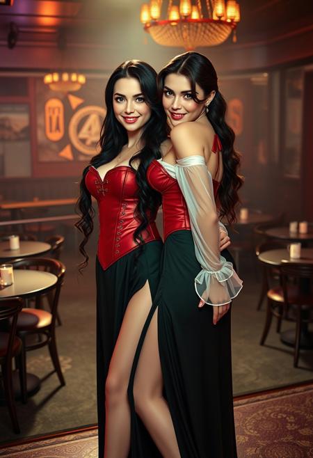 duo, futa on female. 1female, lovely 45yo, full body, fit body, confident smile, adult, pale skin, green eyes, long wavy hair, dark brown hair, detailed face, elegant face, red corset, torso-covering corset, long translucent white sleeves, white shoes, dark green long skirt, wet hair, orgasm, eyes rolling back, nightclub, empty nightclub at night, tables and chairs on stage, dim lighting, , sex, vaginal sex, beautiful futanari  doggy style, front view, hip grab, 
score_9, score_8_up, very detailed, detailed eyes,  high detailed texture, realistic, photorealistic, perfect eyes, real life realistic, Expressiveh, Stable_Yogis_PDXL_Positives, ArtfulNSFW detailed background, dynamic angle, volumetric lighting, godrays, beautiful, small breasts, green eyes,