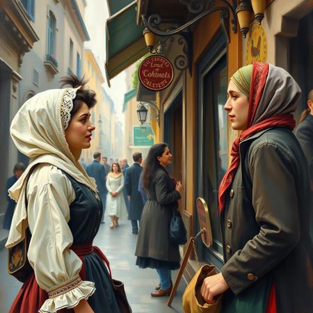Masterpiece, Impressionist painting of man talking to woman on a busy street in a bygone era in Europe. Traditional clothing, beautiful profiles, traditional headware, impressionism