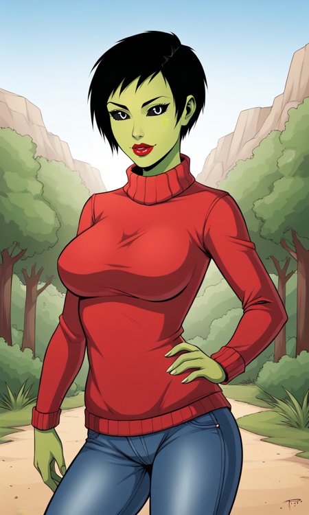 1woman, green skin, alien, black eyes, black sclera, short black hair, red sweater,jeans