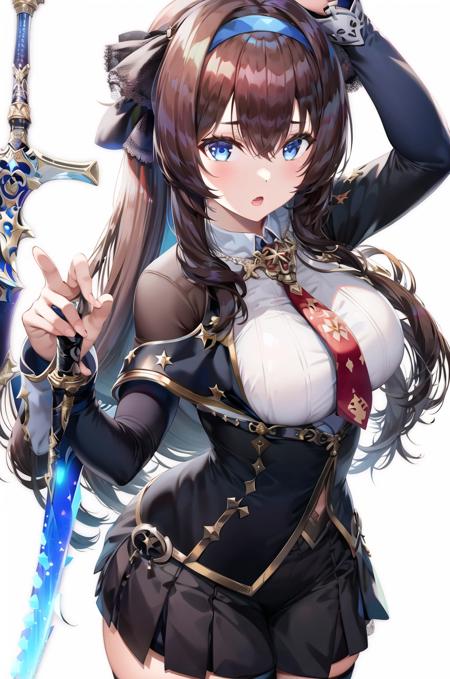 1girl, breasts, solo, weapon, long hair, thighhighs, blue eyes, sword, cleavage, large breasts, simple background, zettai ryouiki, cape, necktie, white background, looking at viewer, skirt, brown hair, holding, ribbon, hair ribbon, holding weapon, black thighhighs, pleated skirt, hairband, armor, bangs, (masterpiece,best quality)