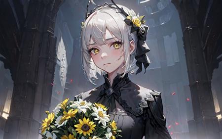 (best quality, masterpiece), (1girl, solo, black suit, standing , looking at viewer, white hair, yellow eyes, closed mouth, upper body), (giant black bouquet background, floral_background)