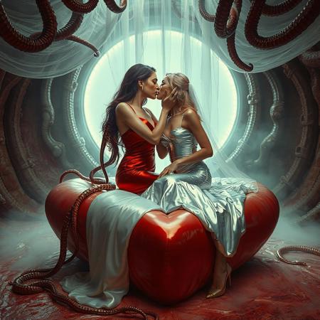 Two ladies, an evil powerful mature slender supermodel lady in a whorish red glossy satin camisole and a innocent weak young blonde bride in a silver foil fitted camisole, passionately kiss, entangled in long tentacles, on a glossy slime-covered giant heart-shaped bed, covered with giant ultrathin transparent slime veil, under streaming tentacles canopy, weird alien hive slime walls and fleshy floor, fog from the floor, giant portal to outer space at background,  reminiscent of H.R. Giger, Zdzisław Beksiński, and Ash Thorp's dark, sleek styles, with close-up glamour photography, glossy satin and silver heels glistening, fleshy slime dripping, and dark shadows.