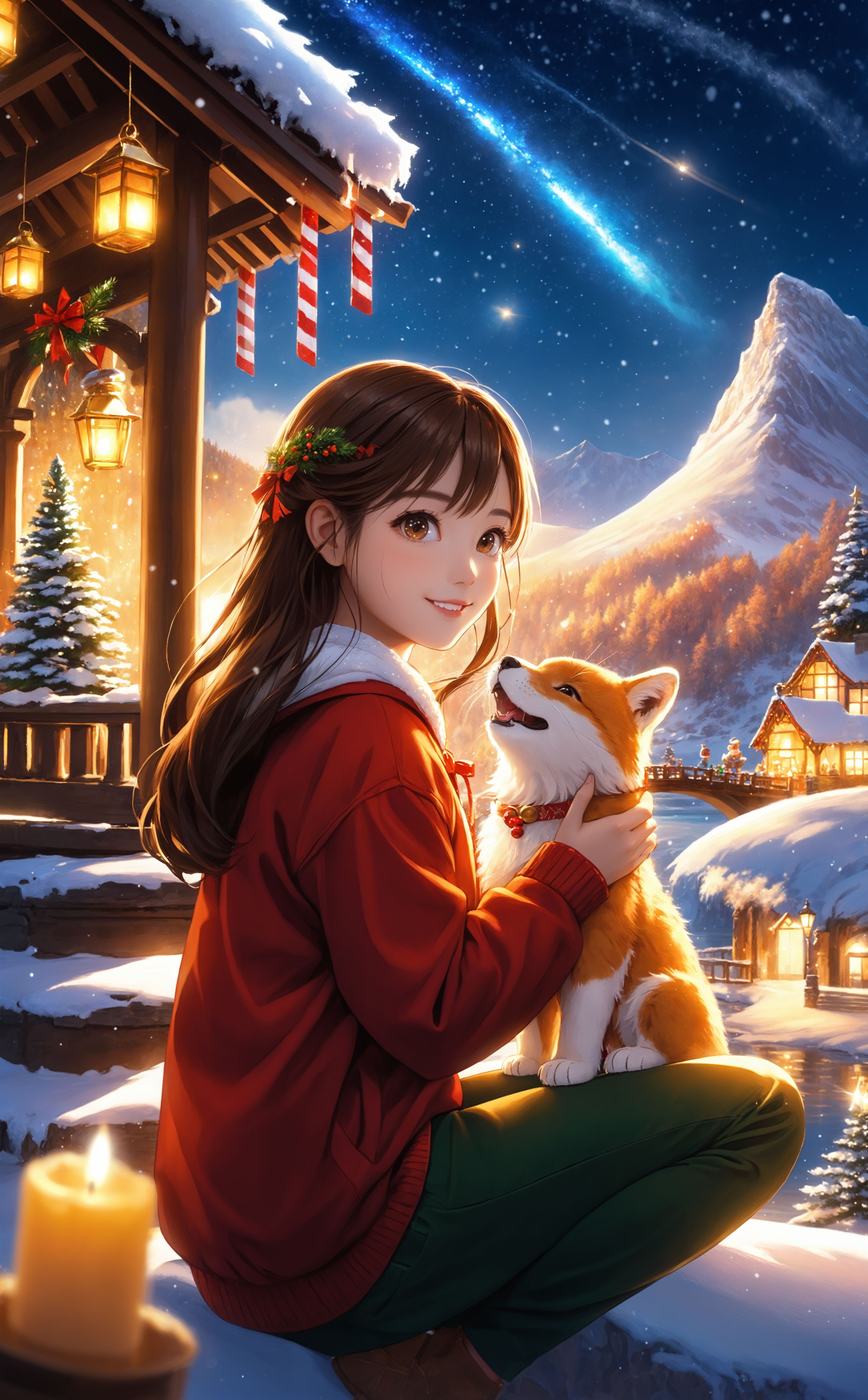A young woman hugging a brown and white dog in a snowy, Christmas-themed setting.