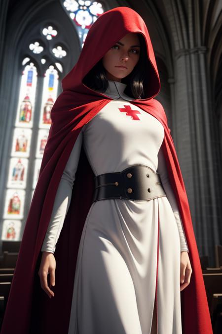 woman, robot, cyborg, knight templar, wearing templar clothes, red (cloak:1.2), white (tunic:1.2) with red cross on chest, haunted gothic church in background, looking at camera, close up, from waist, (best quality, high quality:1.2), (masterpiece:1.1), (detailed), photorealism, photorealistic, 8k, hdr, cinematic lighting, cinematic bloom, sharp focus, lens flare, ray tracing, reflections, sharp focus